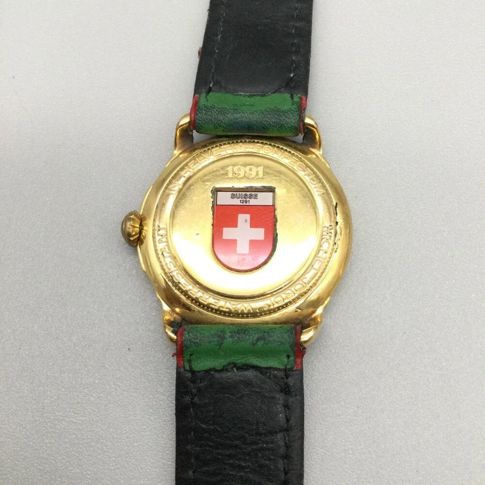 Michel Jordi 1991 Womens Watch 33mm Gold Tone Green Floral Strap New Battery